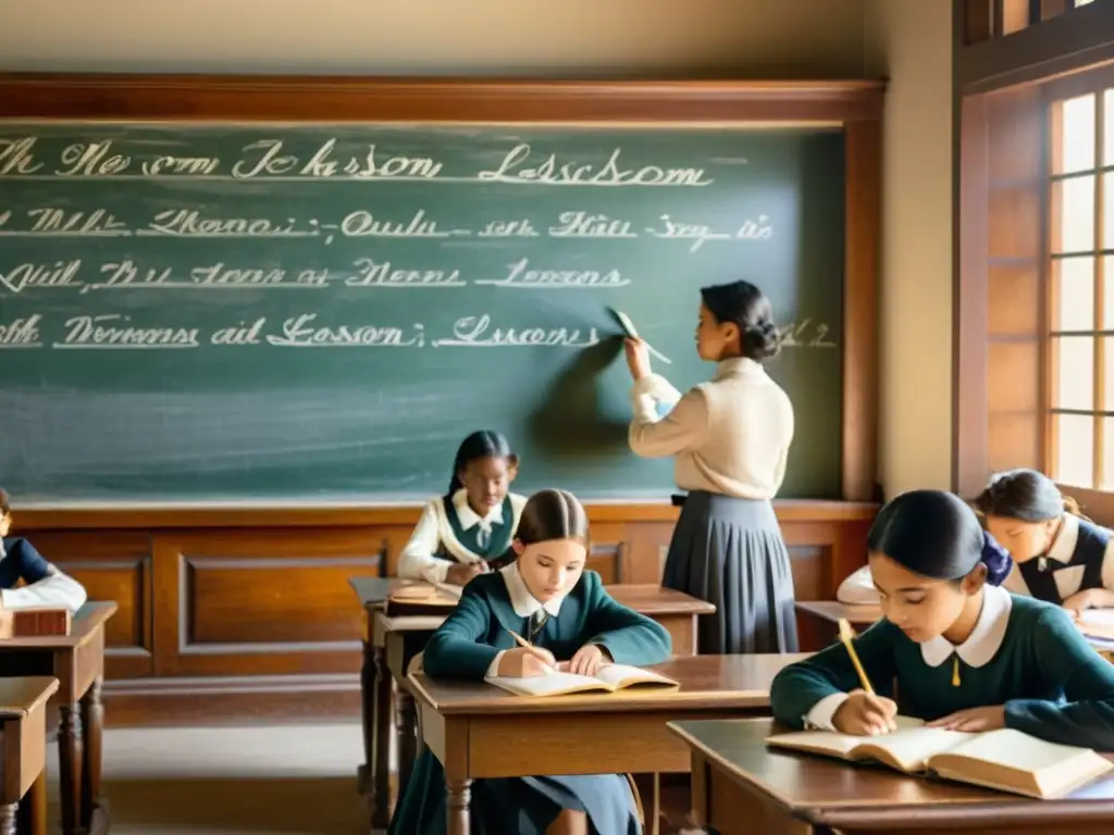 En una aula vintage, estudiantes escriben con plumas mientras el profesor señala la pizarra