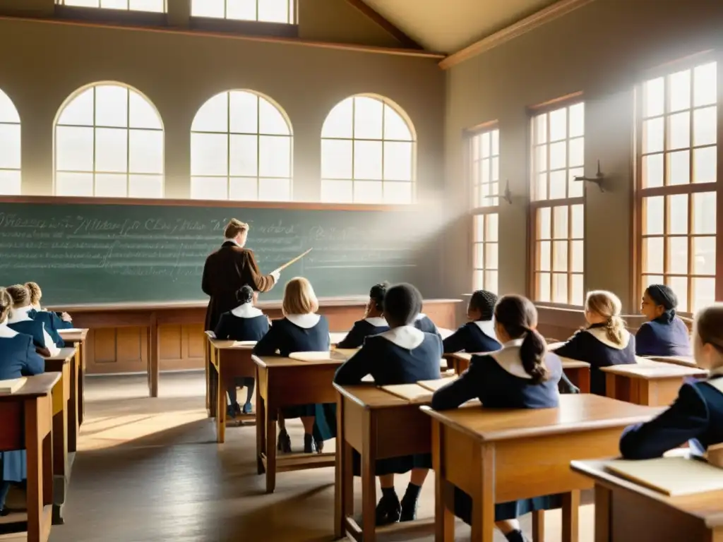 En un aula vintage, estudiantes escriben con plumas mientras el maestro enseña frente a un pizarrón