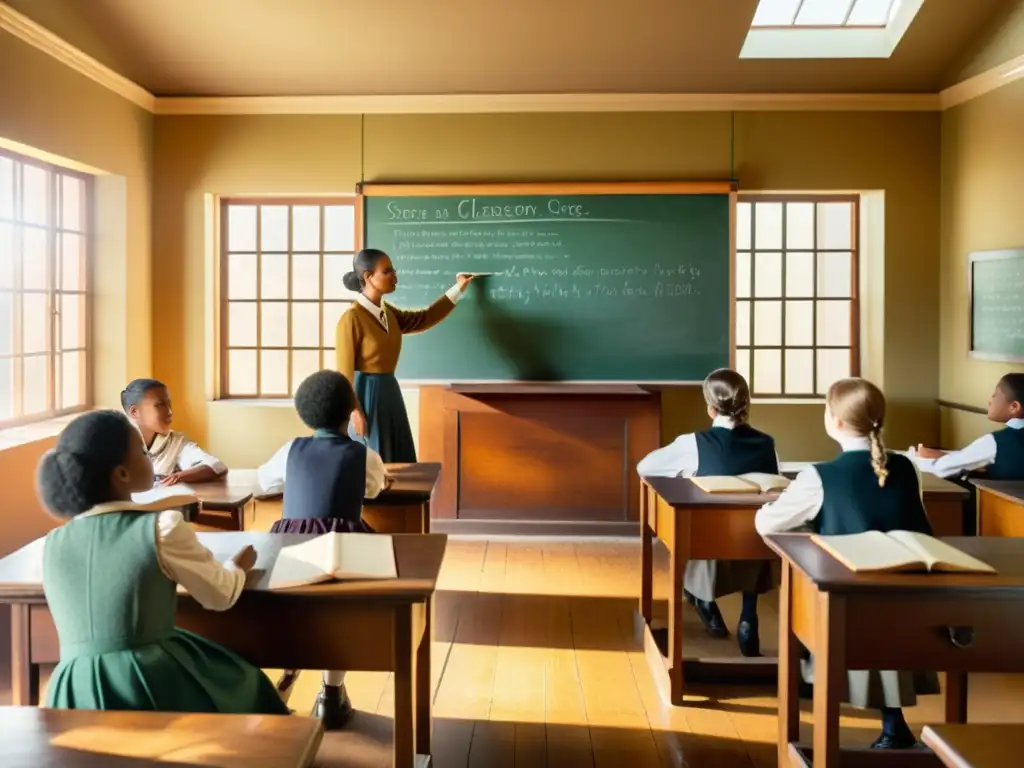 En una aula vintage, los estudiantes escriben con plumas en sus pupitres mientras el maestro señala la pizarra llena de lecciones