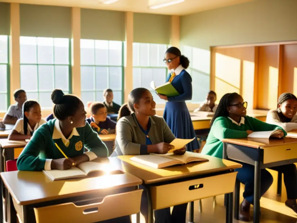 Un aula vintage llena de estudiantes participando en actividades interactivas, con luz solar iluminando el ambiente