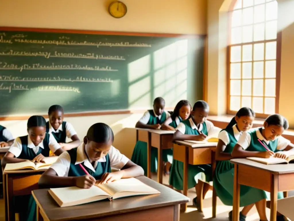 Una aula vintage llena de estudiantes con material educativo en papel, iluminada por la luz solar