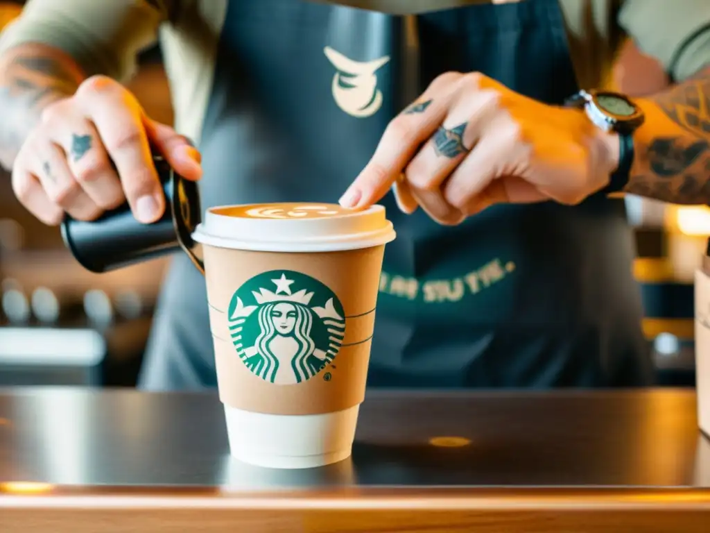 Un barista estampa el logo de Starbucks en tazas de papel ecológico bajo una cálida luz dorada