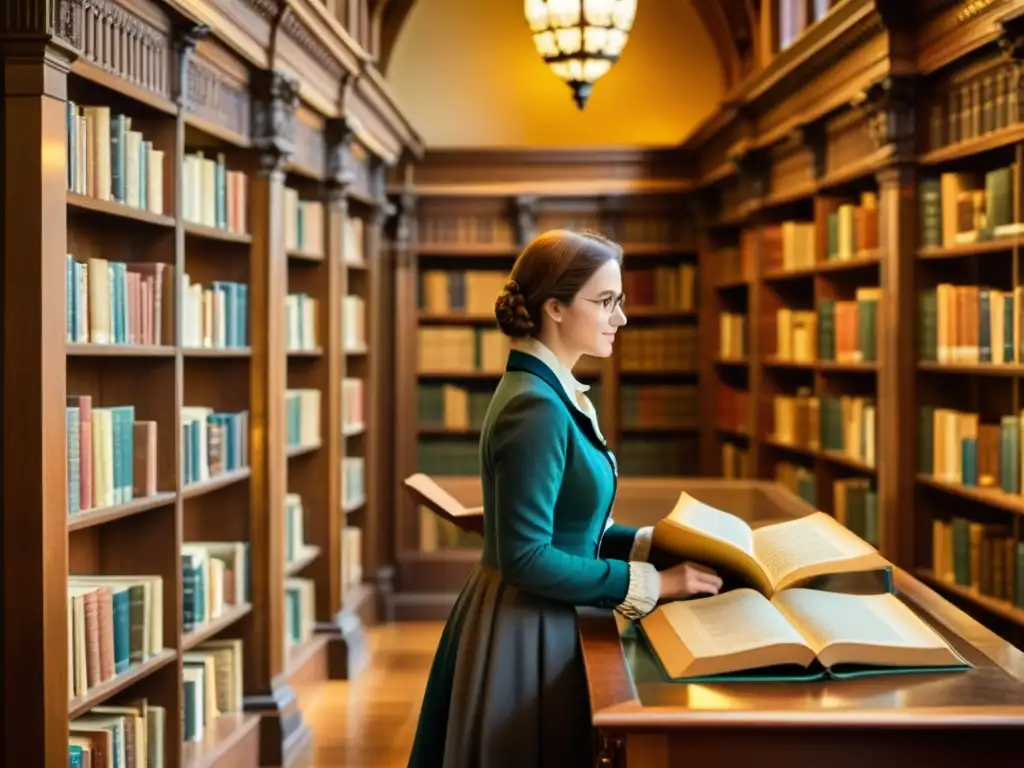 Una biblioteca antigua, bien conservada, con estanterías de madera repletas de libros antiguos