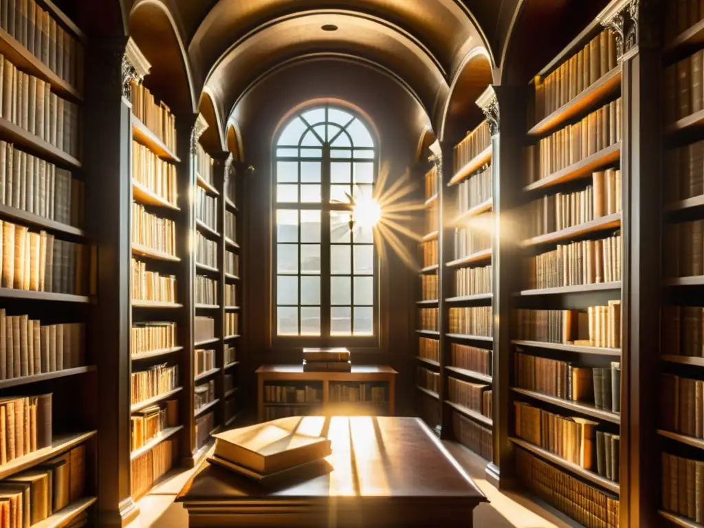 Una biblioteca antigua llena de estantes altos de libros antiguos, bañada por la luz del sol, evocando la evolución del papel en bibliotecas