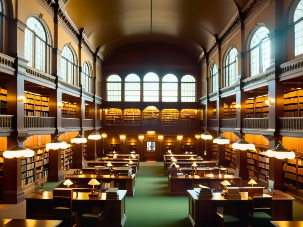 Una biblioteca antigua llena de libros envejecidos y lectores absortos