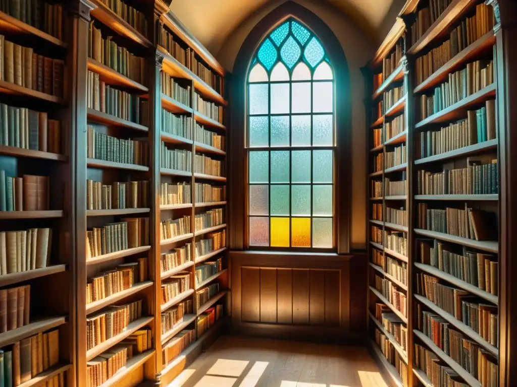 Una biblioteca antigua llena de libros polvorientos en estantes de madera, iluminada por el sol a través de vitrales vintage