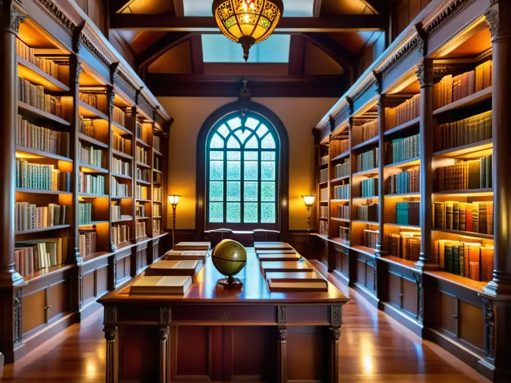 Una biblioteca antigua llena de libros de cuero vintage, luz cálida filtrándose por ventanas de vitrales, creando un ambiente académico y atemporal