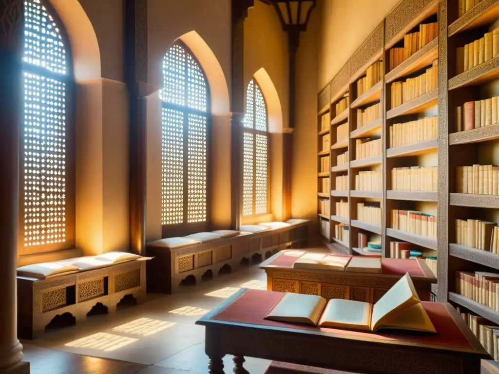 Una biblioteca islámica antigua llena de pergaminos y libros, con luz suave iluminando los detalles intrincados