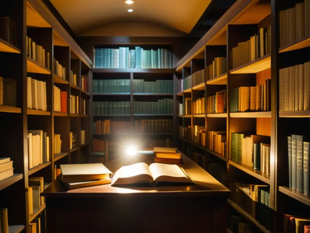 Una biblioteca sombría llena de libros prohibidos, con polvo flotando en el aire y un rayo de luz