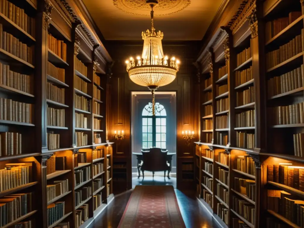 Una biblioteca vintage con libros de cuero, muebles antiguos y un cálido resplandor