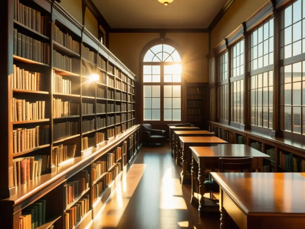 Una biblioteca vintage llena de libros antiguos, con luz cálida entrando por las ventanas, creando largas sombras en las mesas de madera