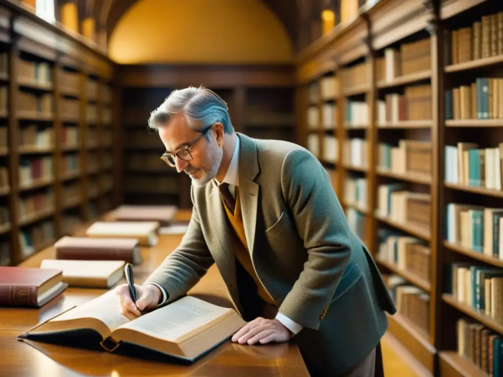 Una biblioteca vintage repleta de libros antiguos, luz cálida y un ambiente de conocimiento atemporal