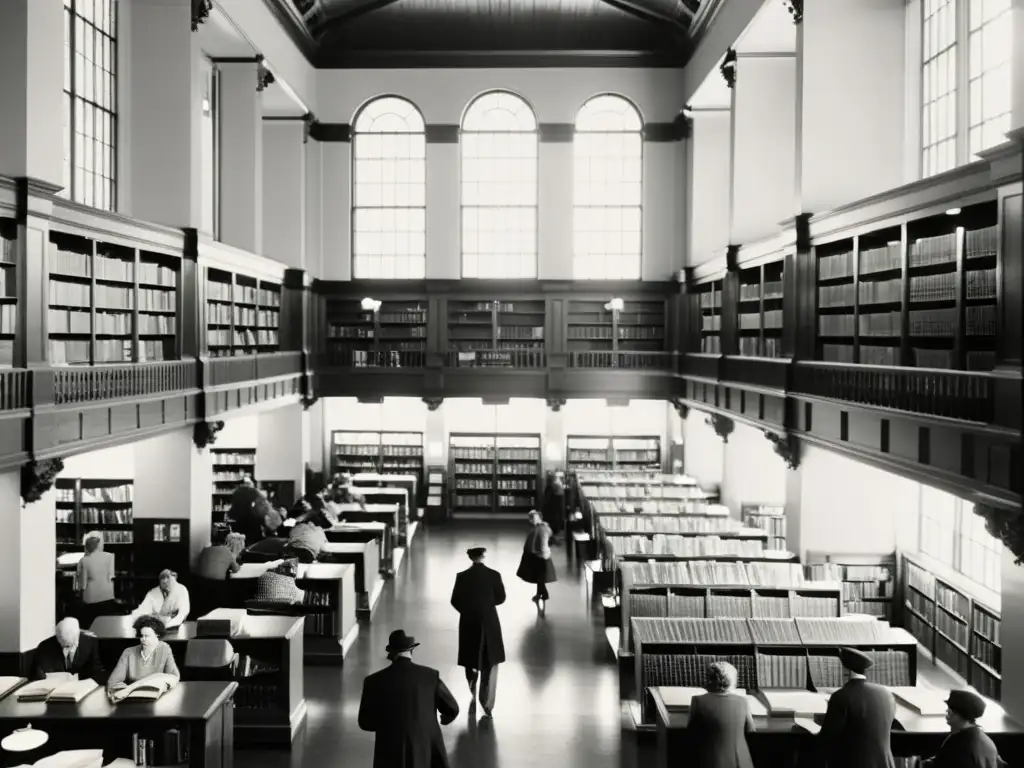 Una fotografía vintage en blanco y negro de una bulliciosa biblioteca llena de personas leyendo, estudiando y hojeando libros