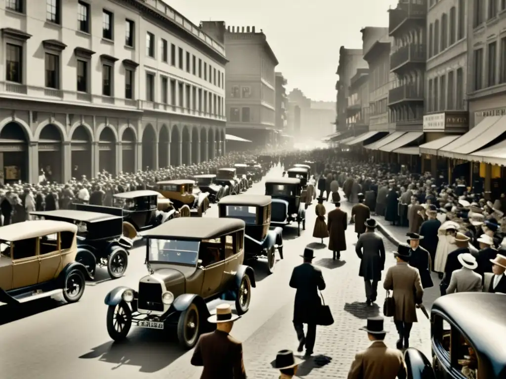 Una fotografía en blanco y negro muestra una bulliciosa calle de la ciudad del siglo XX, resaltando el impacto cultural del papel en la fotografía