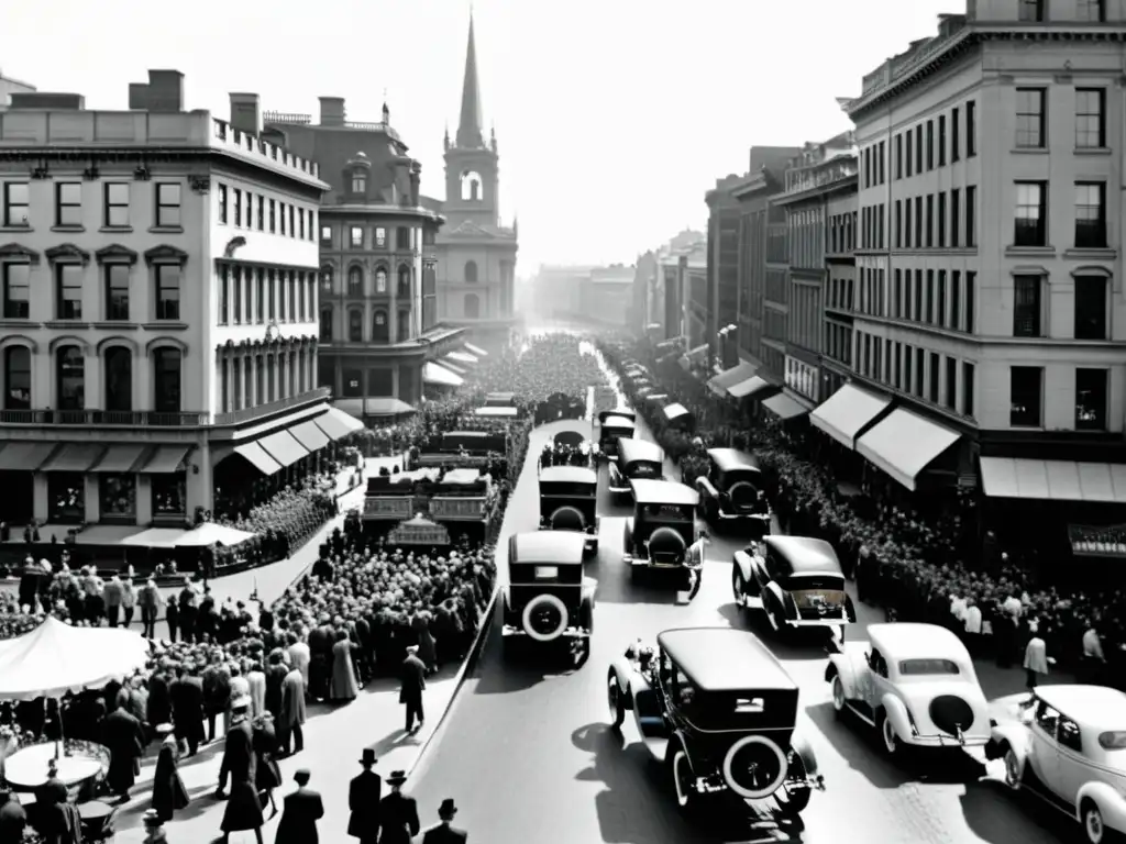 Una fotografía vintage en blanco y negro de una bulliciosa calle de la ciudad, llena de gente y carros antiguos