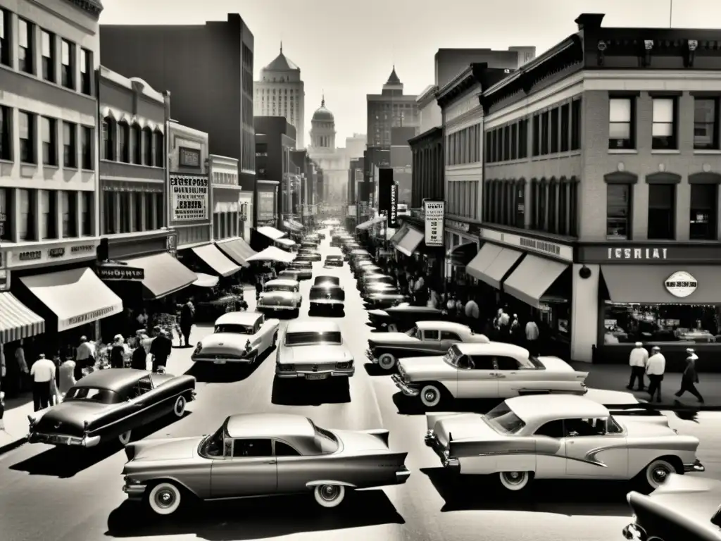 Una fotografía vintage en blanco y negro de una bulliciosa calle de la ciudad, capturada desde un punto elevado