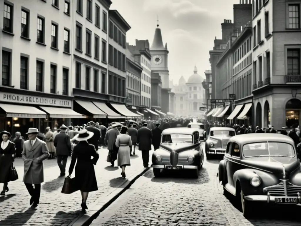 Una fotografía en blanco y negro de una bulliciosa calle de la ciudad en papel envejecido