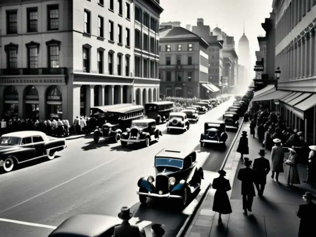 Una fotografía en blanco y negro muestra una bulliciosa calle de la ciudad, con coches y peatones de época