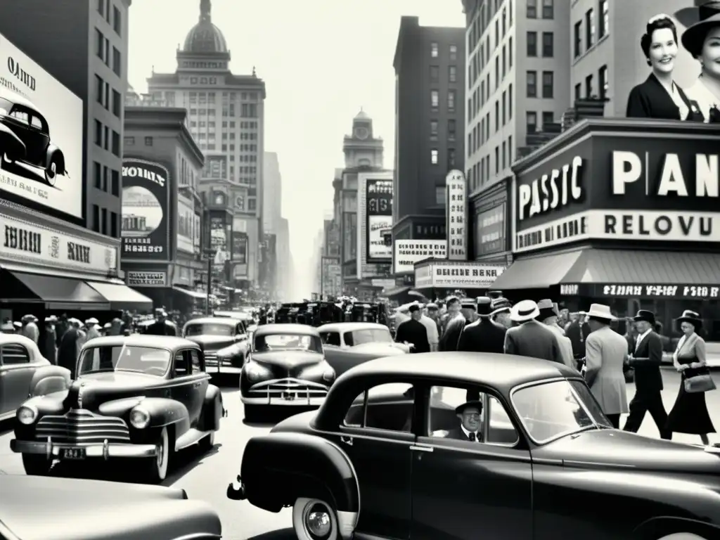 Una fotografía en blanco y negro de una bulliciosa calle de la ciudad, con autos clásicos, vallas publicitarias antiguas y personas vestidas de época