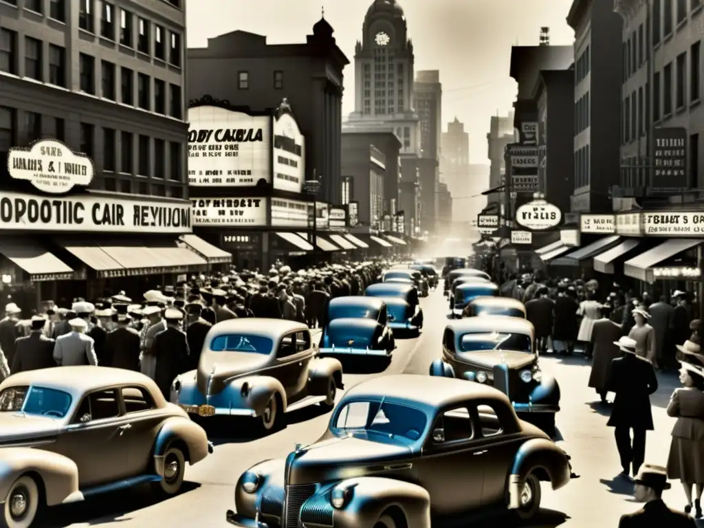 Una fotografía en blanco y negro muestra una bulliciosa calle de la ciudad, con autos vintage, peatones y letreros de neón