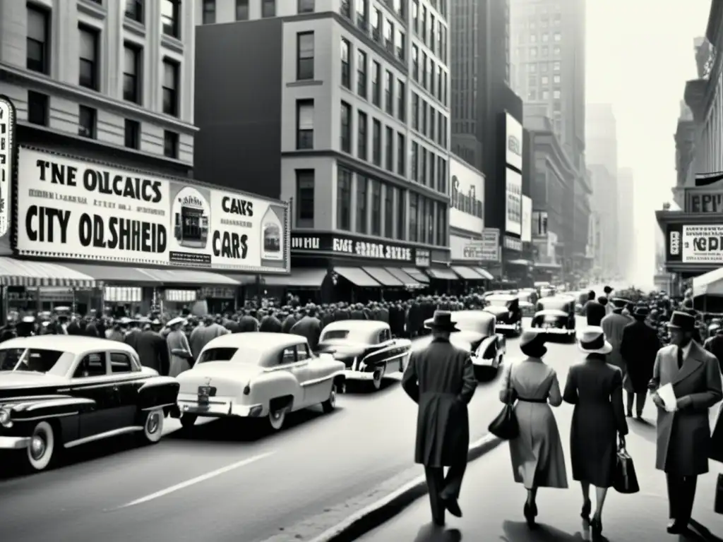 Una fotografía en blanco y negro de una bulliciosa calle de la ciudad, con coches antiguos y personas vestidas de la época