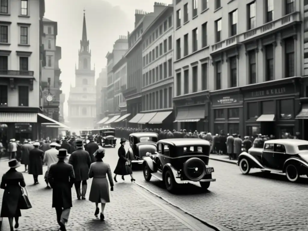 Una fotografía vintage en blanco y negro de una bulliciosa calle de la ciudad, que muestra la textura del papel