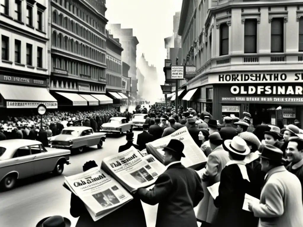 Una fotografía en blanco y negro de una concurrida calle de la ciudad con un puesto de periódicos en primer plano