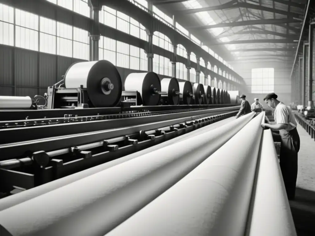 Una fotografía en blanco y negro muestra una fábrica de papel del siglo XIX, con trabajadores y pilas de papel