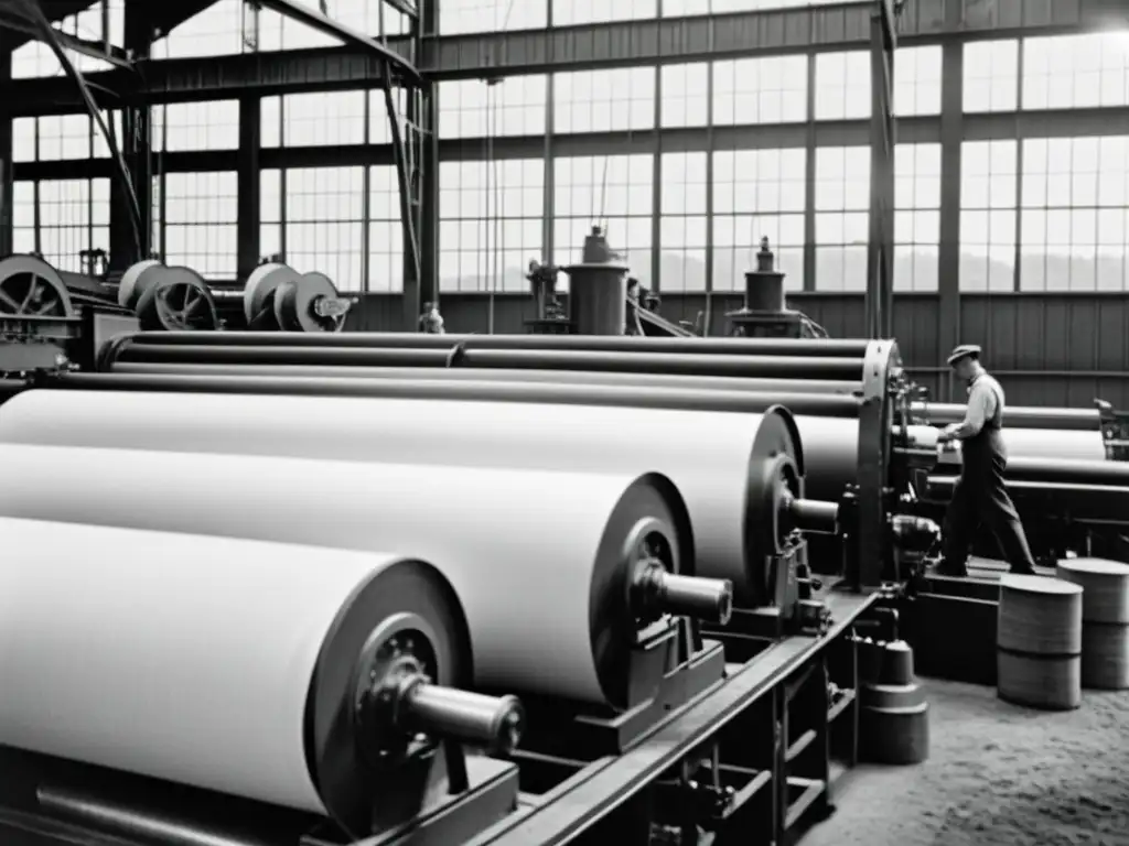 Una fotografía en blanco y negro de una fábrica de papel en los años 1900, con trabajadores operando la maquinaria y rollos de papel en el fondo