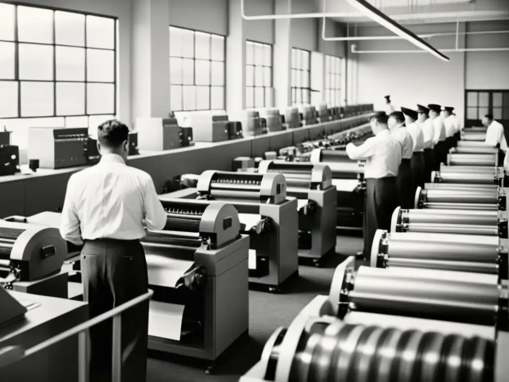 Una fotografía vintage en blanco y negro de una oficina bulliciosa del siglo XX, con impresoras de alta gama empresarial y trabajadores operándolas