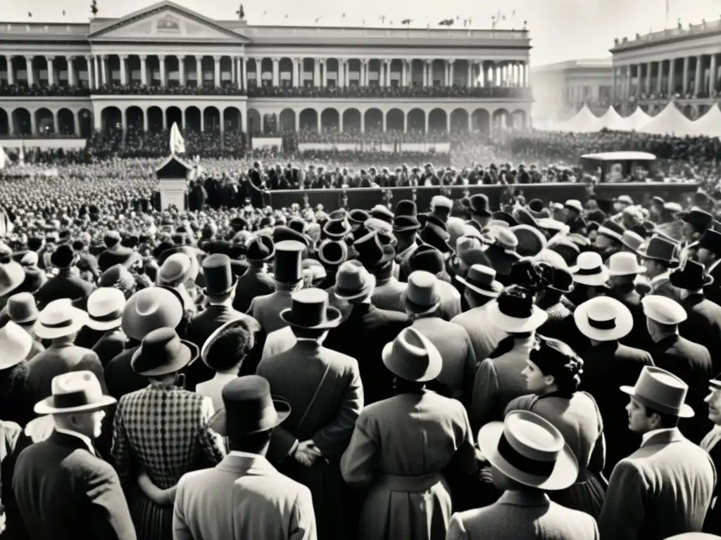 Una fotografía en blanco y negro de alta resolución que muestra un evento histórico bullicioso, con una multitud diversa y monumentos arquitectónicos