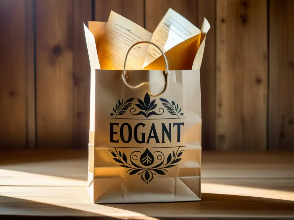 Una bolsa de papel biodegradable con elegante tipografía y patrones florales, bañada por la cálida luz del sol en una superficie de madera rústica