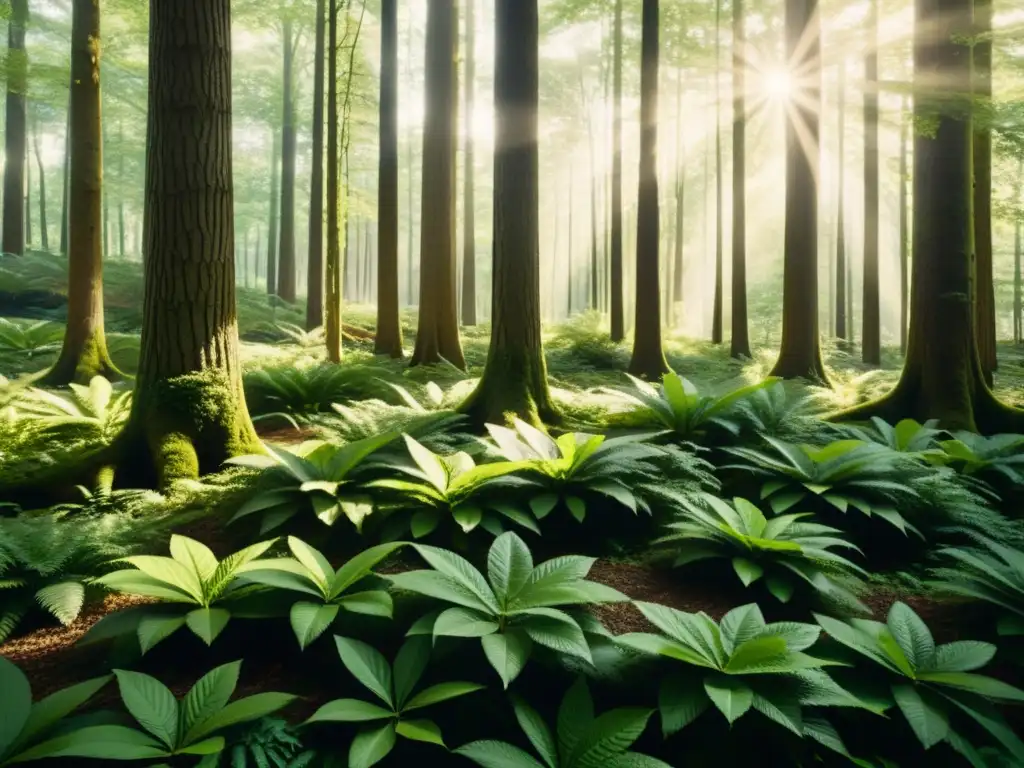 Un bosque exuberante y antiguo con rayos de sol filtrándose entre las hojas