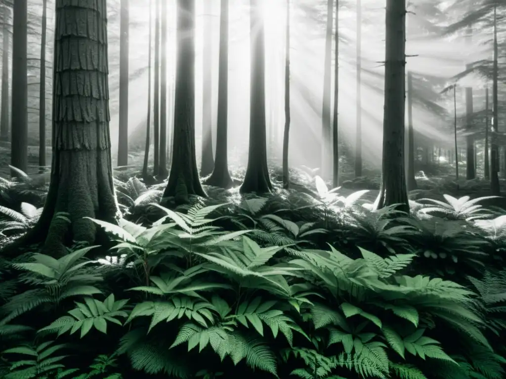 Un bosque exuberante con árboles altísimos y rayos de sol filtrándose entre el follaje