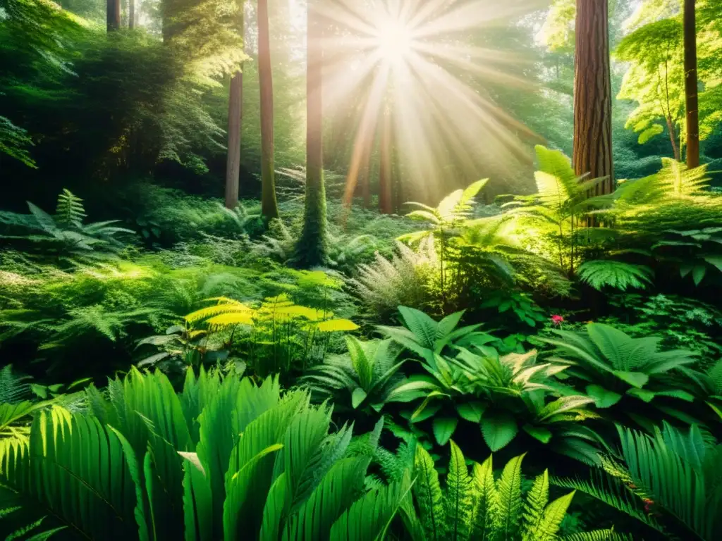 Un bosque exuberante bañado por la luz del sol, con una mezcla de árboles altos, helechos y flores silvestres