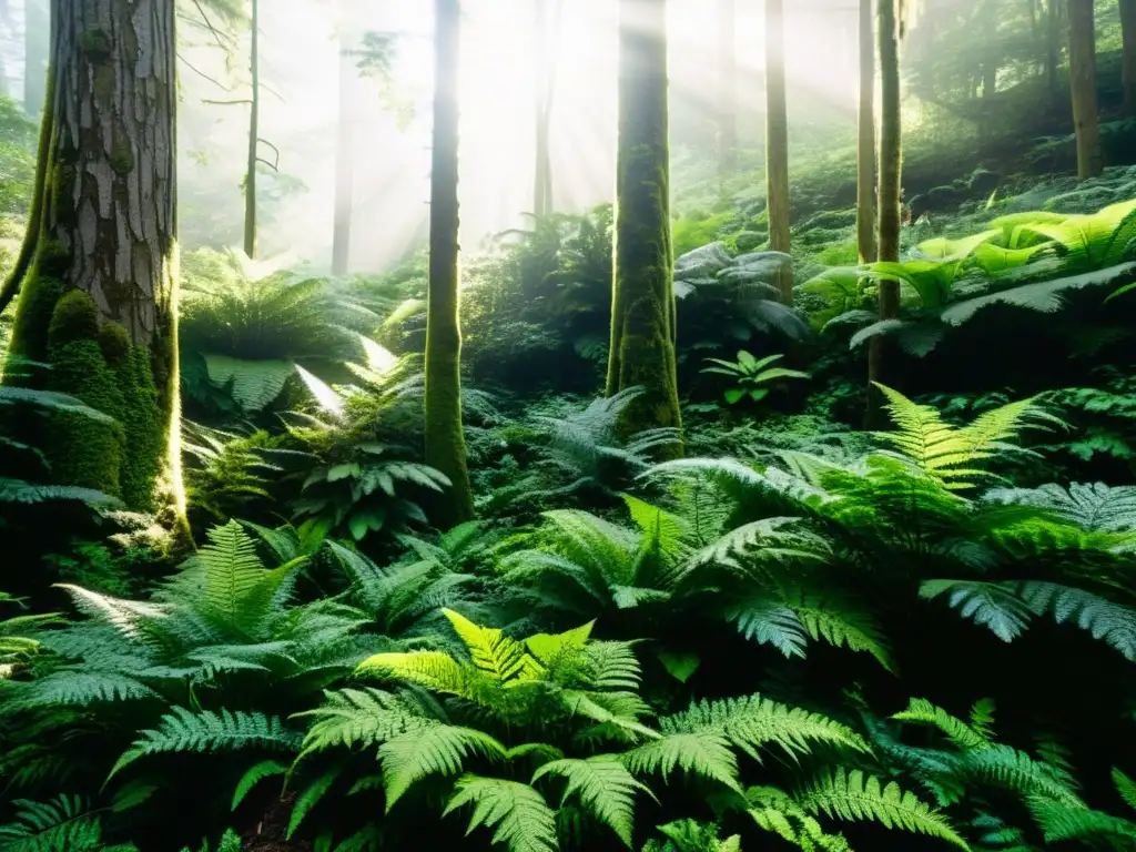 Un bosque exuberante bañado por la luz del sol, destacando la biodiversidad