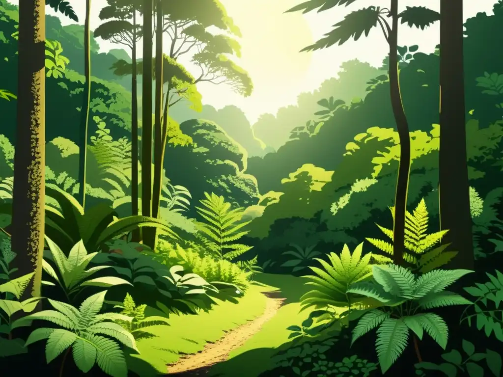 Bosque exuberante: ilustración vintage de naturaleza vibrante Un bosque exuberante bañado por la luz del sol, con detalles naturales y una atmósfera serena