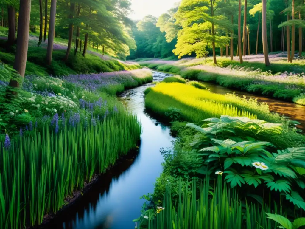 Un bosque exuberante bañado por la luz del sol, con un arroyo serpenteante y flores silvestres coloridas