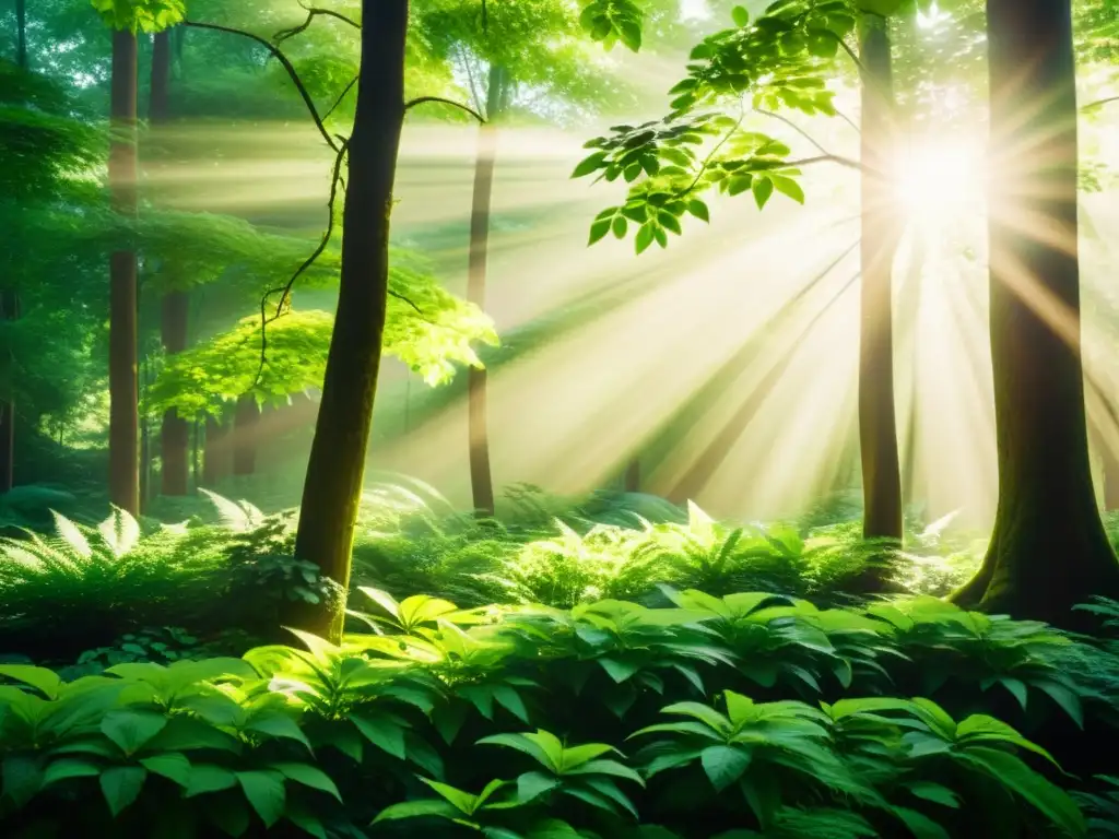 Un bosque exuberante bañado por la luz del sol, evocando una belleza natural y la ecoamigabilidad