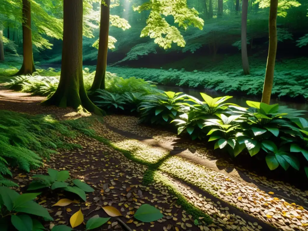 Un bosque exuberante bañado por la luz del sol, con un arroyo tranquilo y hojas caídas