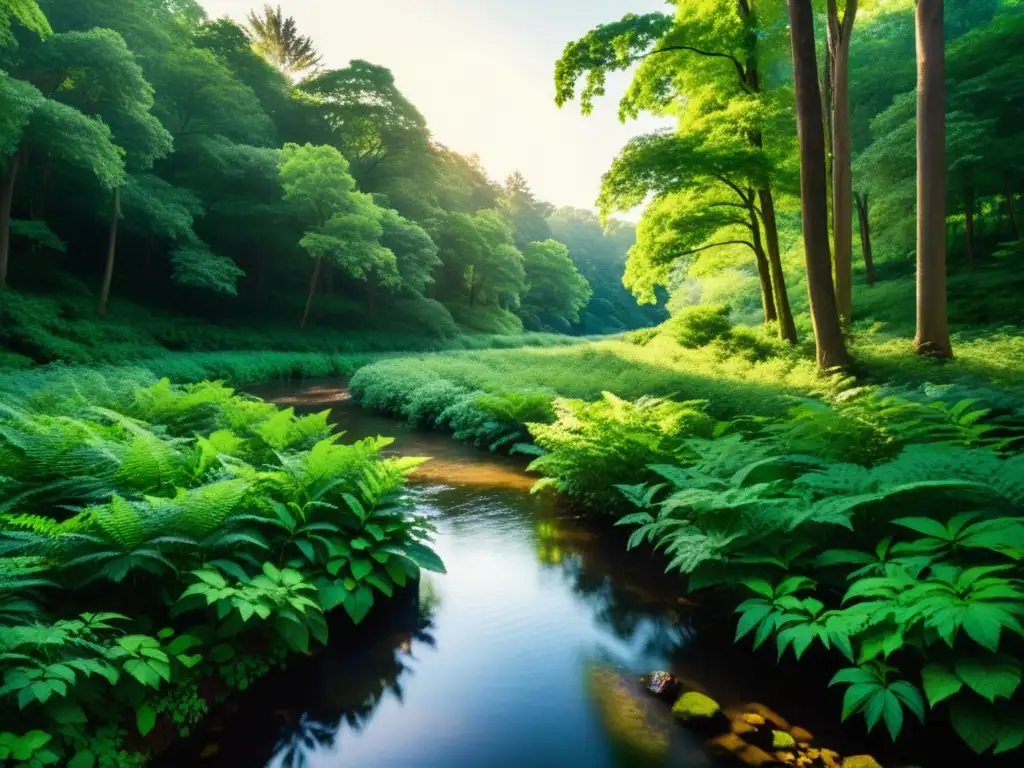 Un bosque exuberante bañado por la luz del sol con un arroyo serpenteante, evocando tranquilidad y belleza natural