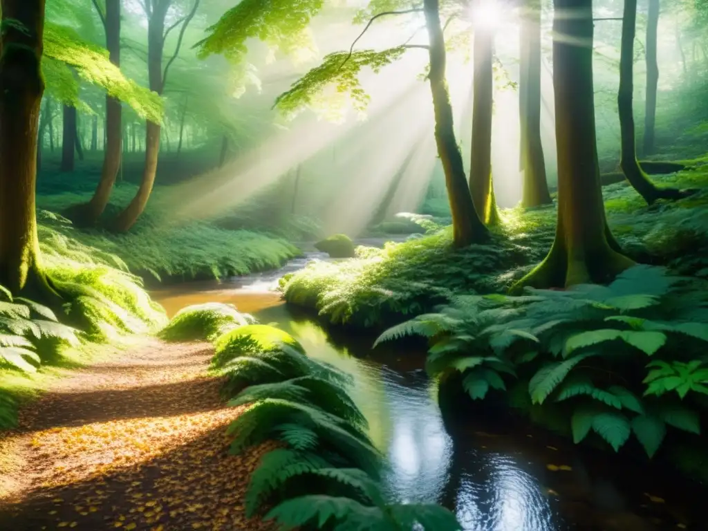 Un bosque exuberante bañado por rayos dorados de luz, creando tranquilidad y belleza natural