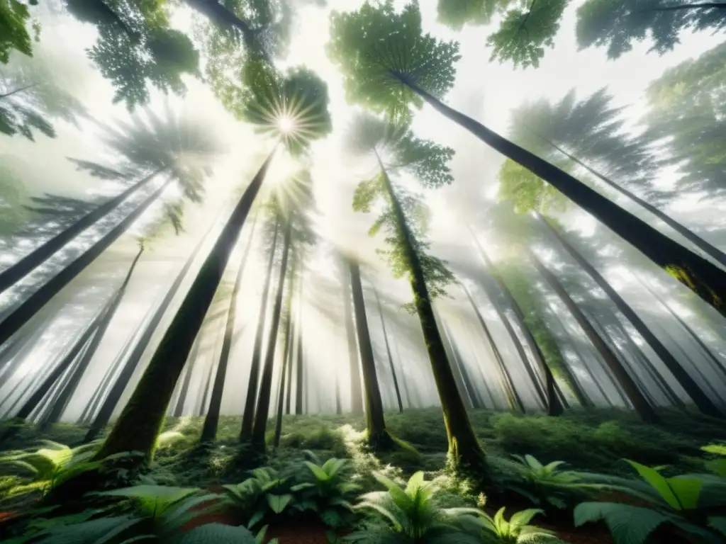 Bosque exuberante en blanco y negro, con árboles altos y luz solar filtrándose entre las hojas