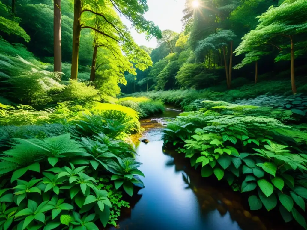 Un bosque exuberante y diverso bañado por la luz del sol, reflejando la belleza atemporal de la naturaleza