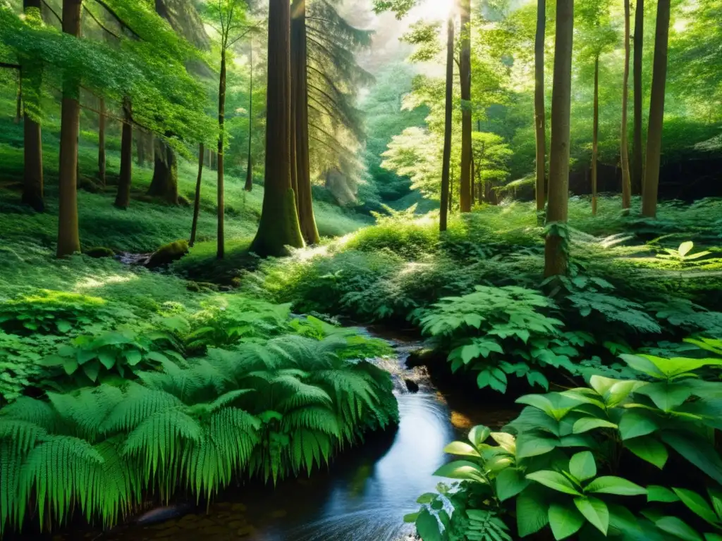 Un bosque exuberante y frondoso con árboles altos y follaje verde