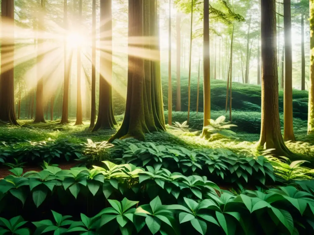 Un bosque exuberante iluminado por el sol, resaltando la belleza natural y la importancia de la conservación ambiental en la producción de papel