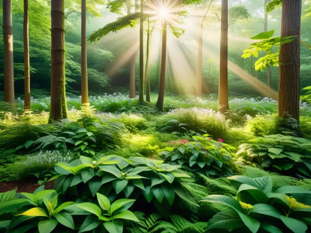 Un bosque exuberante iluminado por el sol, con hojas verdes vibrantes y flores silvestres