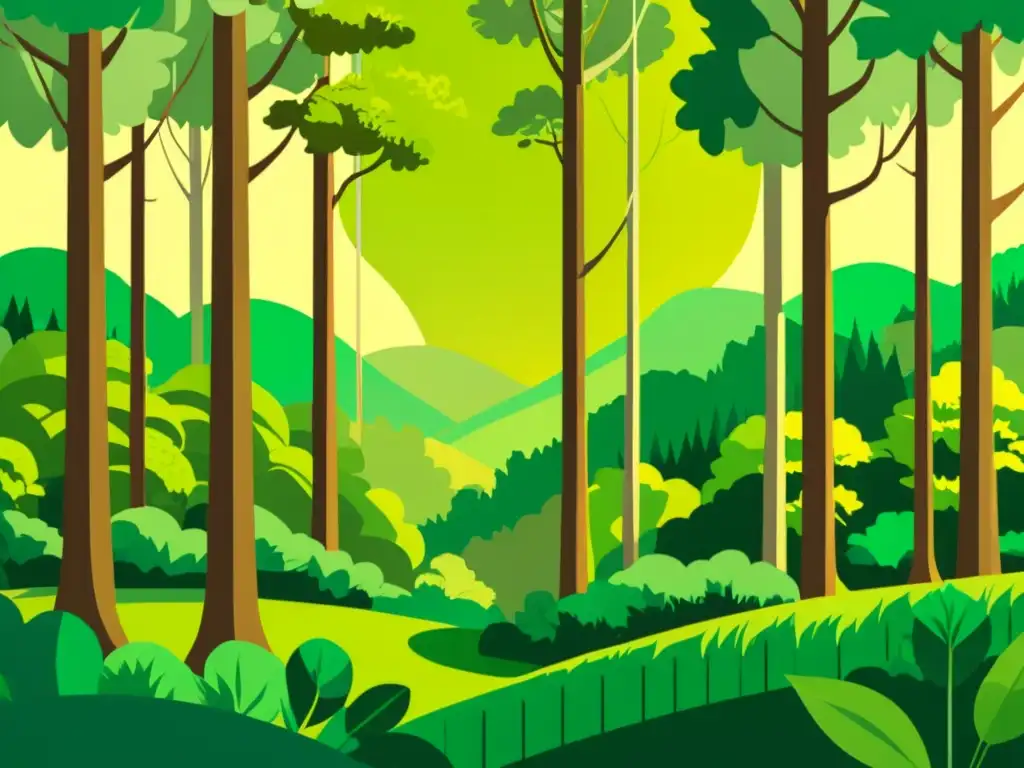 Un bosque exuberante ilustrado estilo vintage con luz solar entre el dosel