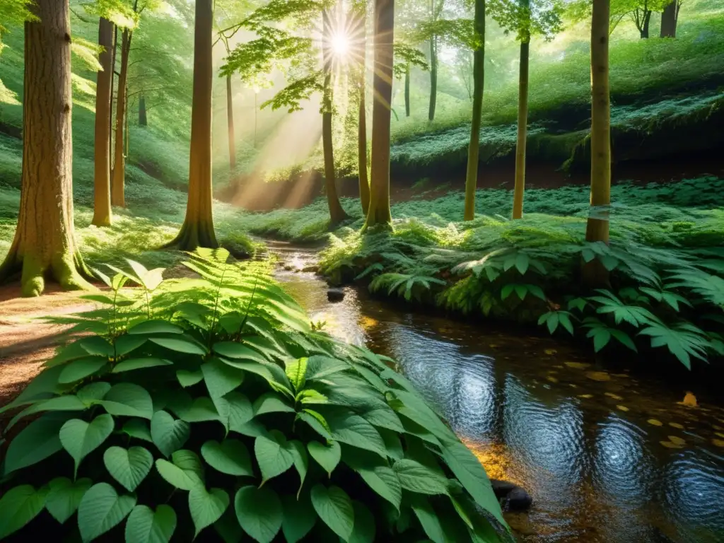 Un bosque exuberante con luz solar filtrándose a través del dosel, creando sombras moteadas en el suelo