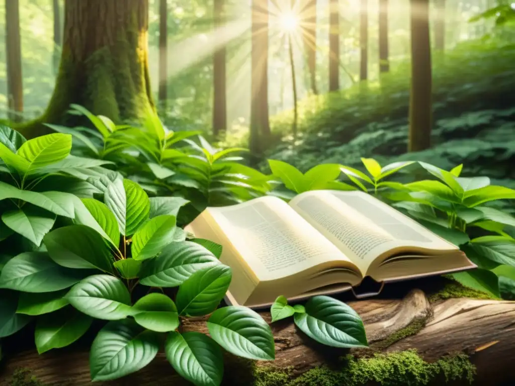 Un bosque exuberante con luz solar filtrándose a través de las hojas, resaltando el impacto ambiental de libros impresos versus ebooks